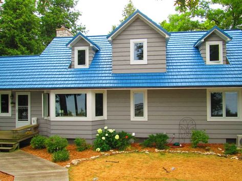 Found on Bing from americanmetalroofswi.com Blue Tin Roof House, Blue Tin Roof Exterior Colors, Mobile Home Metal Roof Colors, Houses With Blue Roof, House With Blue Metal Roof, Blue Roof House Colors, Blue Metal Roof Houses Color Combos, Blue Roof House Colors Exterior Paint, Blue Metal Roof Houses