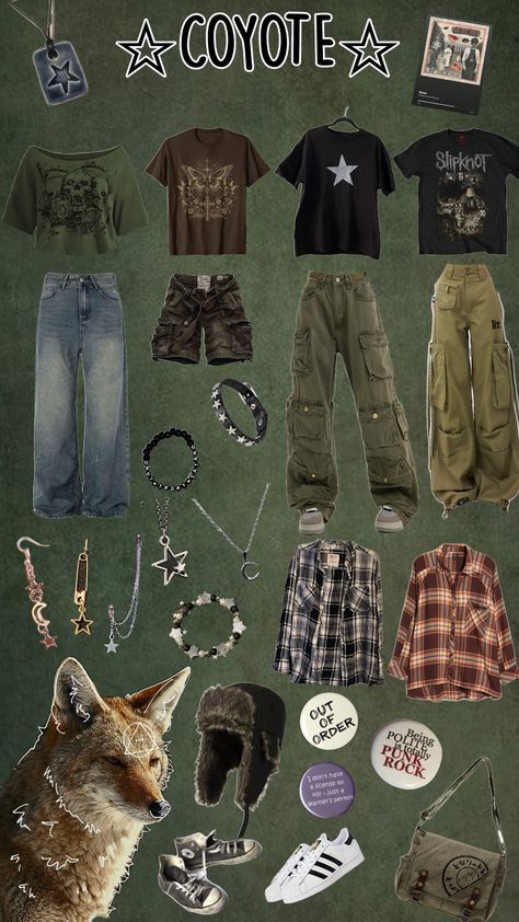 Outfit Ideas For Flare Pants, Ugly Coyote Outfit, Masc Grunge Outfits Plus Size, Therian Clothes Style, Midwestern Emo Fashion, Coyote Therian Outfit, Therian Outfits For School, Therian Clothing Style, Forager Outfit