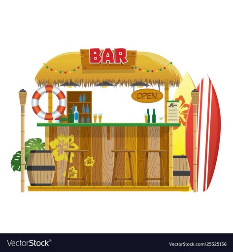 Tiki Bar Drawing, Tiki Bar Illustration, Beach Bar Design, Bar Drawing, Bar Illustration, Tropical Bar, Surfer Aesthetic, Beach Bar, Beach Tropical