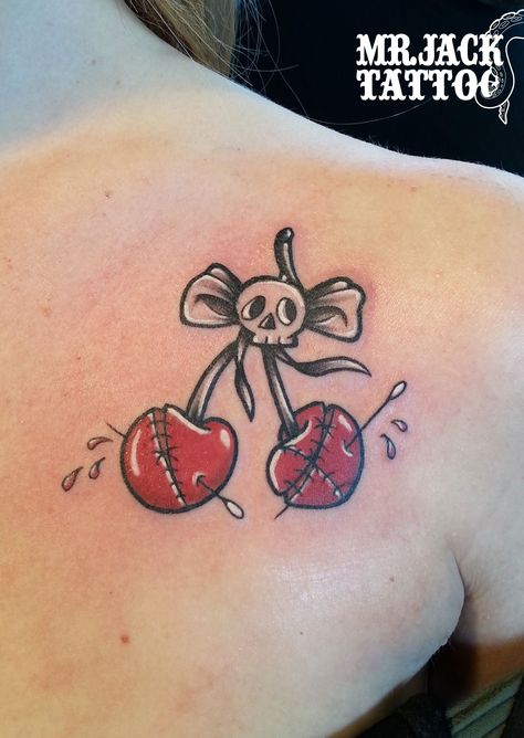 Black And Red Cherry Tattoo, Spooky Cherry Tattoo, Skull Fruit Tattoo, Juicy Cherry Tattoo, Gothic Cherry Tattoo, Cherry American Traditional Tattoo, Goth Cherry Tattoo, Strawberry Skull Tattoo, Cherry Tattoo Traditional