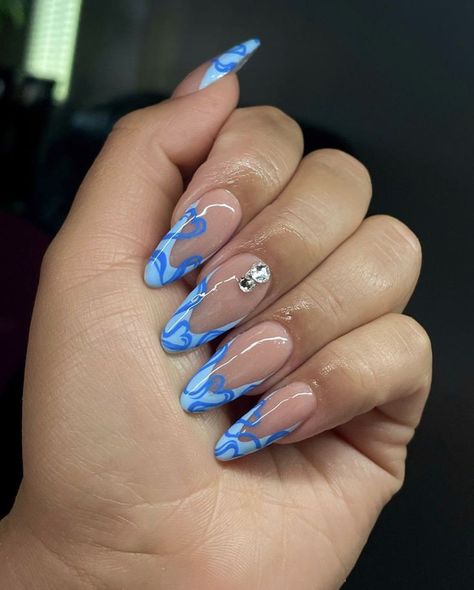 Nails Blue French Tip, Almond Nails Blue, Uni Nails, Nails Blue French, Blue French Tip, Oval Nails Designs, Nail Art Gel, Almond Nails Designs, Blue French