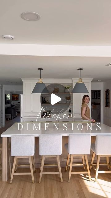 Ally • Sharing inspo to renovate & redecorate on Instagram: "Save these dimensions NOW!

“What are the dimensions of your…”. I get this question ALL the time about our island, overhang, bar, ceiling height, etc. 

This kitchen configuration works perfect for us and it wasn’t that we necessarily that we chose certain measurements/dimensions…this was a renovation vs new build so we were stuck with the bones of the house and had to fit everything I wanted inside 😜. Our kitchen designer was masterful to whip up this design and plan for us!  @jkbkitchenandbath 😘

Our island used to go in the opposite direction (parallel with the sink) with two tiers and I knew since the day we moved in 10 years ago that I wanted to turn the layout and have a much bigger island.  If there was one thing in this Island Cabinet Layout, Ideal Kitchen Layout With Island, Width Between Counter And Island, I Land Kitchen Design, Kitchen Island Distance From Cabinets, No Island Kitchen, Kitchen Dimensions With Island, Kitchen Island Sizes Layout, Corner Kitchen With Island