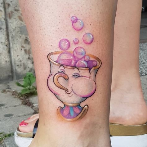 Disney Chip Tattoo, Hand Tattoos For Women Disney, Disney Tattoo Ideas Female, A Goofy Movie Tattoo, Disney Shoulder Tattoo, Disney Character Tattoos Ideas, Mrs Potts Tattoo, Dopey Tattoo Ideas, Disney Arm Tattoo