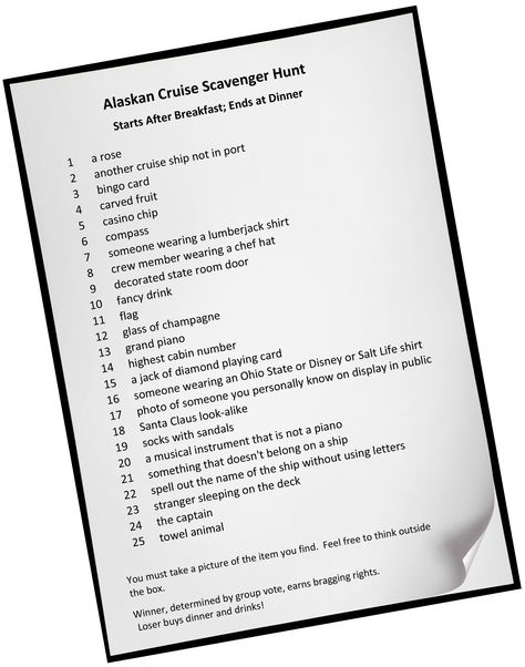 A custom scavenger hunt for our Alaskan Cruise.  It was a fun game for one of our days at sea. Cruise Scavenger Hunt Ideas, Cruise Ship Scavenger Hunt, Cruise Scavenger Hunt, Ncl Encore, Care Package Decorating, Salem Massachusetts Travel, Cruise Activities, Trip Games, Harmony Of The Seas