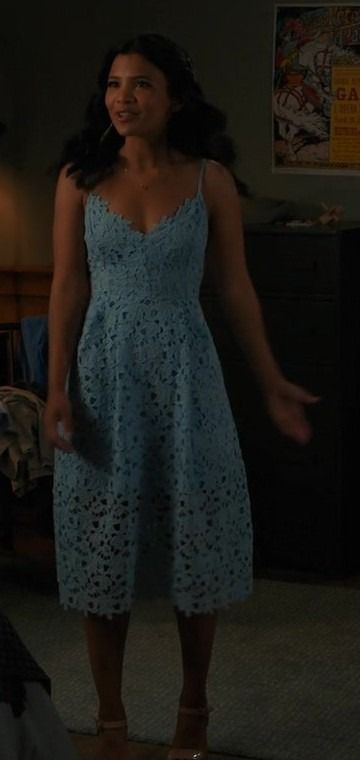 Blue Lace Midi Dress of Nikki Rodriguez as Jackie Howard in My Life with the Walter Boys Jackie Howard Outfits, Jackie Outfits, Nikki Rodriguez, Jackie Howard, Walter Boys, Blue Lace Midi Dress, Tweed Suits, Wardrobe Outfits, Next Fashion