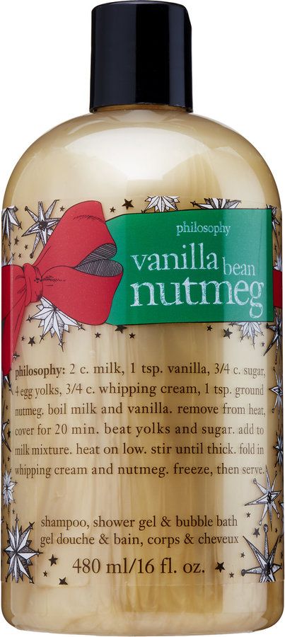 philosophy Vanilla Bean Nutmeg Shampoo, Shower Gel & Bubble Bath - A multitasking formula for hair and body, infused with the warm, cozy holiday scent of vanilla bean nutmeg. Vanilla Scented Shampoo And Conditioner, Philosophy French Vanilla Bean, Shampoo Vanilla, Vanilla Bean Bath And Body Works, Bath And Body Works Vanilla Bean Noel, Philosophy Shower Gel, Bath Gel, Holiday Scents, Hairdo For Long Hair