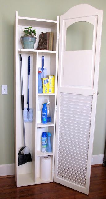 Broom closet made from louvered doors and attached to homemade cabinet Utility Closet, Broom Closet, Utility Cabinets, Whimsical Furniture, Cleaning Closet, Laundry Room Storage, Tall Cabinet, Wood Project, Indian Homes