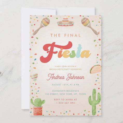 Colorful Groovy Final Fiesta Bachelorette Party Invitation Final Fiesta Bachelorette Party, Final Fiesta Bachelorette, Fiesta Bachelorette Party, Mexican Bridal Showers, Bachelorette Party Invitation, Colorful Invitations, Couples Shower Invitations, Bachelorette Invitations, Retro Typography