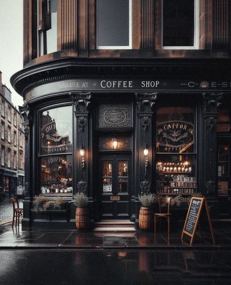 European Cafe Design, Coffee And Book Shop Aesthetic, Corner Coffee Shop, Moody Travel Aesthetic, Witchy Cafe, Dark Cafe, Moody Bookstore, Dark Academia Coffee Shop Aesthetic, Coffee Shop Dark Academia