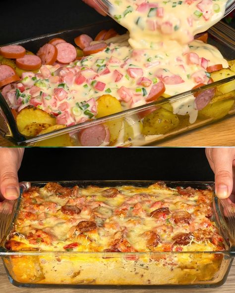 Potato And Sausage, Sausage And Potato Bake, Bologna Recipes, Potato Sauce, Vegetable Pancakes, Sausage Bake, Sour Cream Sauce, Sour Cream Recipes, Sausage Potatoes