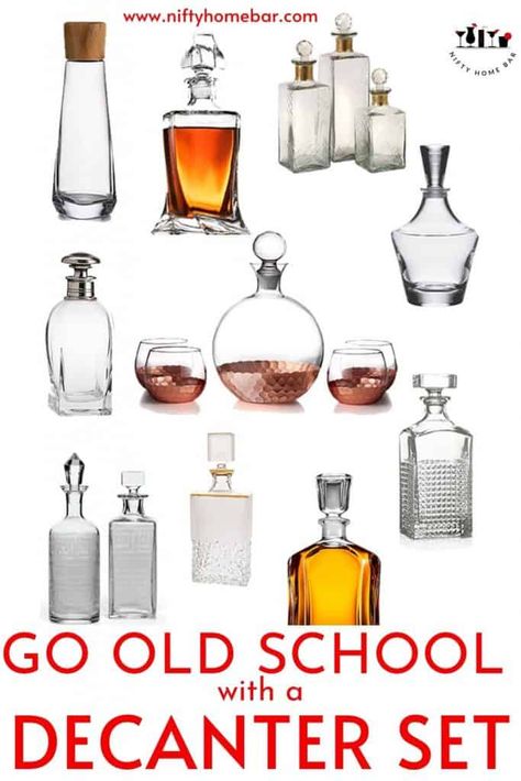 Photo collage of your next decanter set. Decanters Display Ideas, Bourbon Decanter, Liquor Decanter Display, Decanter Display Bar, Whiskey Decanter Display, Decanter Display, Tiny Cabin Plans, Large Glass Bottle, Liquor Decanter