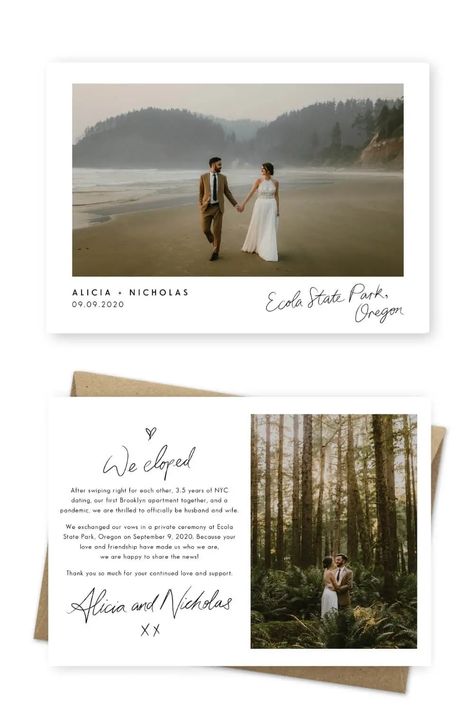 17 Elopement Announcement Card Wording Ideas and Examples Simple Elopement Ideas, Wedding Announcements Wording, Simple Elopement, Wording Ideas, Wedding Announcement Cards, Ecola State Park, Alaska Wedding, Marriage Announcement, Jean Photography