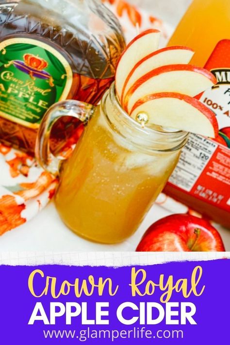 Crown Royal Apple Cider, Apple Fall Drinks, Apple Crown Royal Drinks, Crown Royal Recipes, Crown Drink, Spiked Apple Cider Recipe, Crown Royal Apple, Crown Royal Drinks, Crown Apple