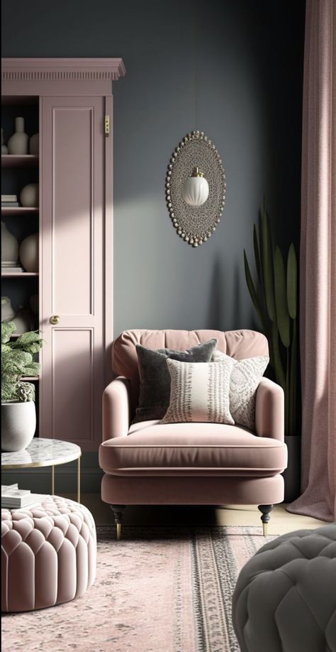 Dark Grey And Pink Living Room, Gray Boho Living Room, Pink Sitting Room, Pink And Grey Living Room, Mauve Living Room, Blush Living Room, Blush Pink Living Room, Living Room Colour, Bedroom Dark