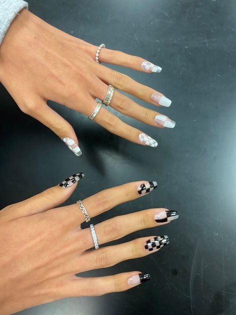 Checkered Nails Square, Checkered Nails Coffin, Checkered Coffin Acrylic Nails, Checkered Nails Black, Coffin Checkered Nails, Tan And White Checkered Nails, Square Checkered Nails, White Checkered Nails, Black And White Checkered French Tip Nails