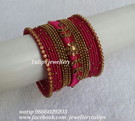 Bangles Ideas For Saree, Bangles On Saree, Silk Thread Bangles Design Bridal, Bridal Silk Thread Bangles Set, Thread Bangles Design Bridal, Bangles For Saree, Thread Bangle Designs, Thread Bangles Silk Handmade, Silk Thread Earrings Designs