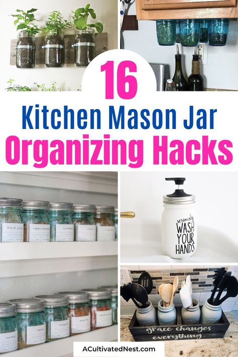 16 Genius Kitchen Mason Jar Organization Hacks- Say goodbye to kitchen chaos and hello to harmony with these genius Mason jar organization hacks! Transform your pantry, counters, and cabinets with simple yet innovative ways to use Mason jars for organizing everything from dry goods to homemade cleaning supplies. | #MasonJarIdeas #KitchenOrganization #HomeHacks #organizingTips #ACultivatedNest Organizing Hacks Dollar Stores, Jar Organization, Mason Jar Dispenser, Mason Jar Organization, Mason Jar Storage, Jars Ideas, Mason Jar Kitchen, Homemade Cleaning Supplies, Storing Spices