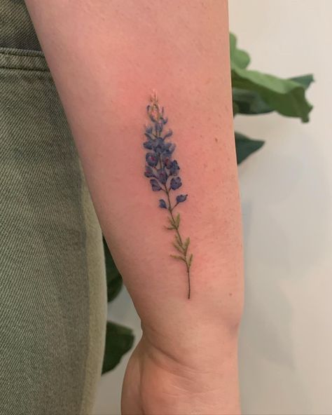 Tiny Bluebonnet Tattoo, Small Blue Bonnet Tattoo, Blue Vervain Tattoo, Bluebonnet Watercolor Tattoo, Texas Bluebonnets Tattoo, Bluebonnet Flower Tattoo, Bluebonnet Tattoo Men, Subtle Texas Tattoos, Fine Line Lupine Tattoo