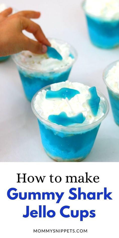 How to make Gummy Shark Jello Cups- MommySnippets.com via @mommysnippets Shark Jello Cups, Shark Treats, Shark Jello, Ocean Snacks, Jello Treats, Shark Week Recipes, Gummy Shark, Gummy Sharks, Shark Crafts