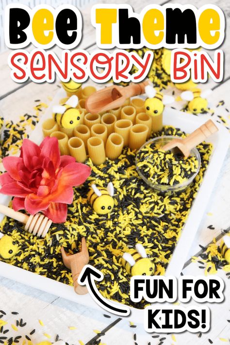 Simple Bee Sensory Bin with Rice – Life Over C's Winnie The Pooh Sensory Bin, Honey Bee Sensory Bin, Bee Sensory Table, Fine Motor Sensory Bin, Bee Themed Activities, Kindergarten Supply List, Bee Sensory Bin, 2025 Ideas, Sensory Tubs