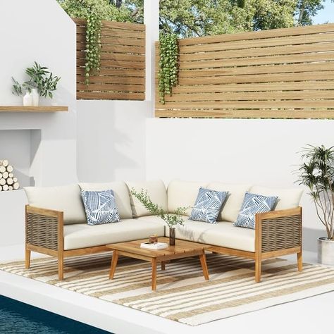 Burchett Outdoor Acacia Wood and Round Wicker 5 Seater Sectional Sofa Chat Set with Cushions by Christopher Knight Home - On Sale - Bed Bath & Beyond - 36194702 Wicker Accents, Sofa Area Externa, Round Sectional, Wicker Sectional, Wood Patio Furniture, Sofa Sectional, Patio Sectional, Wood Patio, Beige Cushions