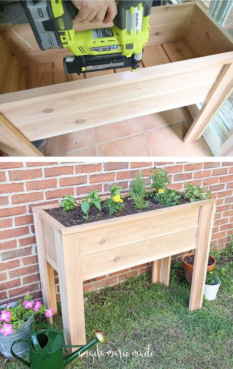 How to Build a Raised Garden Bed with Legs - Angela Marie Made Raised Planter Boxes Plans, Build A Raised Garden Bed, Diy Raised Garden Bed, Raised Garden Beds Diy Vegetables, Garden Planters Diy, Raised Garden Bed Plans, Cedar Raised Garden Beds, Garden Boxes Diy, Elevated Gardening