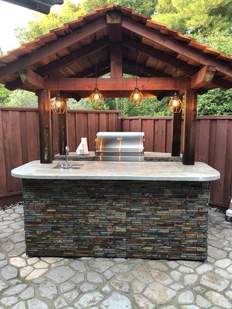 Bbq Under Covered Patio, Terrace Barbeque Counter, Brick Outdoor Kitchen Concrete Countertop, Pergola With Bar Counter, Outdoor Kitchen Waterfall Counter, Barbecue Area, Outdoor Kitchen Plans, Bbq Cover, Outdoor Bbq Kitchen