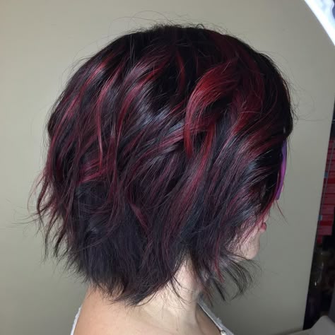 Red Hair Color For Short Hair, Red And Black Hair Color Ideas Short Hair, Fade Red Hair, Short Hair With Red Tips, Short Hair Tips Dyed, Red On Top Of Black Hair, Red Highlights On Short Hair, Black Red Hair Short, Short Dark Hair With Red Highlights