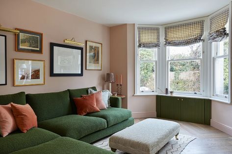 The Yellow Entry Bench and Cane Closet in This Sussex Home Prove Storage Can Be Fun Victorian Townhouse, Cosy Living, Quiet Corner, Pink Living Room, Cosy Living Room, English House, Pink Room, Living Room Inspo, Pink Walls