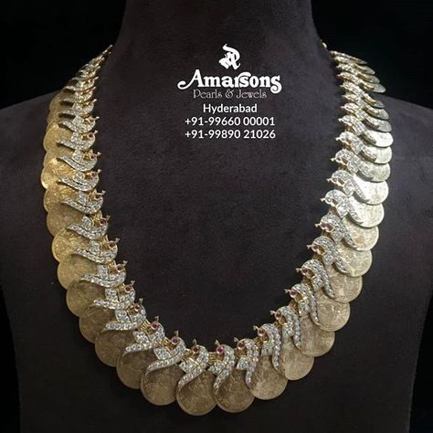 Kasula Peru, Kasu Haram, Amarsons Jewellery, Pearl Bangles Gold, Diamond Haram, Indian Traditional Jewellery, Kasu Mala, Diamond Jhumkas, Antique Gold Necklace