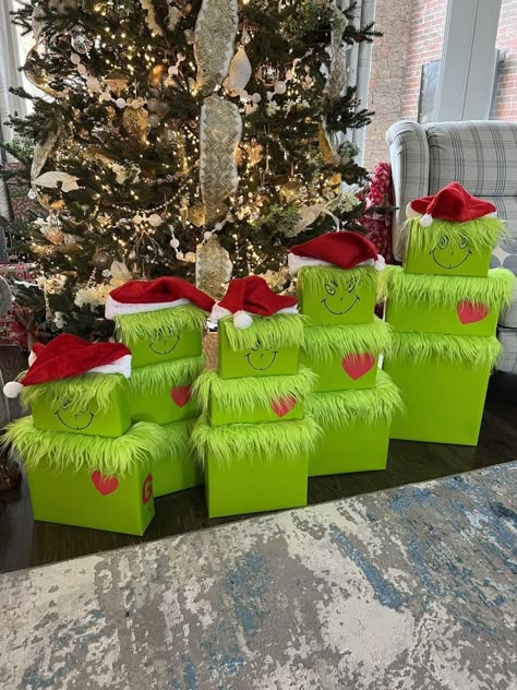 Grinch Decorating Ideas Outside, The Grinch Themed Christmas, Grinch Valentine Box Ideas, Grinch Christmas Presents, Grinch Christmas Fireplace, Grinch Boxes Stackable Diy, Diy Grinch Stocking, Grinch Presents Tower, Grinch Themed Christmas Party Decorations