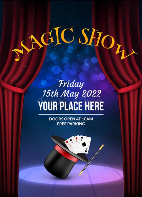 Magic Show poster design template. Illusion magical vector background. Theater m #Sponsored , #Sponsored, #ADVERTISEMENT, #poster, #Magic, #template, #design Theatre Brochure, Magic Show Poster, Show Poster Design, Magic Theme, Poster Template Free, Movie Theatre, Flyer Printing, Magic Show, Magic Design