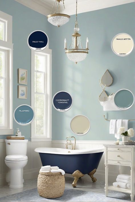 home interior design, interior bedroom design, designer wall paint, paint color match Sw Upward Paint Bathroom, Naval Bathroom, Naval Sw 6244, Bathroom Wall Colors, Bathroom 2024, Aqua Walls, Teal Bathroom, Colorful Interior, Bathroom Paint