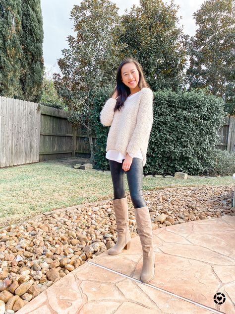 Cozy sweater on sale, cream sweater, layered look, winter look, loungewear, spanx leather leggings dupes, faux leather leggings, target style, knee high boots, taupe boots, riding boots, beige boots, amazon fashion, amazon style #LTKstyletip #LTKunder50 #LTKsalealert Beige Calf Boots Outfit, Knee High Taupe Boots Outfits, Cream Long Boots Outfit, Cream Knee High Boots Outfit Winter, Tall Tan Boots Outfit Winter, Tan Knee High Boots Outfit Winter, Tall Beige Boots Outfit, Cream Tall Boots Outfit, Beige High Boots Outfit