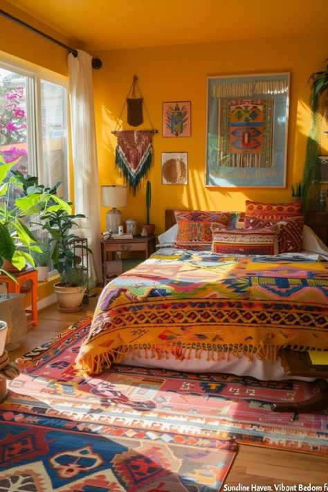 [Ad] Dive Into A World Of Vibrant Colors And Eclectic Patterns With This Bright Boho Bedroom. Infused With Sunshine Hues And Cozy Textures, ItS The Perfect Retreat For The Modern Man Seeking Warmth And Style. Explore More 62 Boho Ideas! #colorfulbohemianbedroomdecor Colourful Bohemian Bedroom, Boho Colorful Bedroom, Bright Boho Bedroom, Colourful Bedroom Ideas, Yellow Boho Bedroom, Colorful Bohemian Bedroom Decor, Colorful Bohemian Bedroom, Bright Bedroom Colors, Sunshine Bedroom