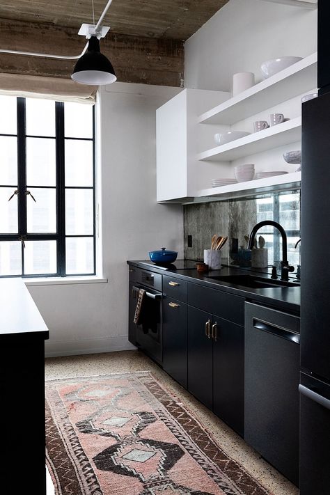 Mirror Kitchen Backsplash, Mirror Backsplash Kitchen, Mirrored Backsplash, Historic Kitchen, Low Cupboard, Cheap Countertops, Terrazzo Floors, Black Ceiling Lighting, Mirror Backsplash