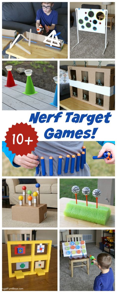 10+ of the BEST Nerf Target Games - Exploding stick targets, army guy shooting gallery, Star Wars Nerf games, and more. Nerf Target, Target Games, Nerf Games, Nerf Birthday Party, Nerf Party, Carnival Games, Indoor Fun, Summer Kids, Craft Activities