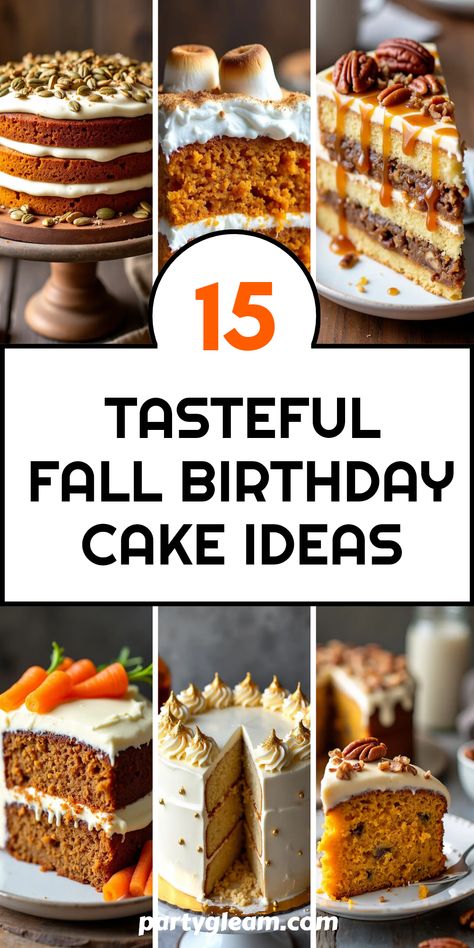 Looking for stunning birthday cake ideas to wow your guests this autumn? Check out these 15 fall-inspired birthday cakes! From a decadent Pumpkin Spice Layer Cake that's sure to steal the spotlight to a Sweet Potato Cake topped with marshmallow frosting for that ultimate comfort food feel. Imagine the flavors of Pecan Pie Cake, rich spiced carrot cake drizzled with cream cheese frosting, or a Bourbon Vanilla Bean Cake that adds a unique twist. Perfect recipes to bring seasonal delights to your birthday celebrations! November Birthday Cakes For Women, Thanksgiving Birthday Cake Ideas, Cake Ideas For Thanksgiving, Cakes For Thanksgiving, Thanksgiving Birthday Cake, Fall Birthday Cake Ideas, Spice Layer Cake, Thanksgiving Cake Ideas, Fall Birthday Cake