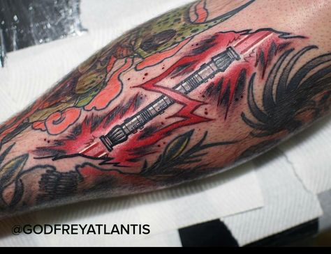 Darth mauls lightsaber I tattooed recently. Instagram - godfreyatlantis. Melbourne Australia. Darth Maul Lightsaber Tattoo, Clone Wars Darth Maul, Maul Tattoo, Darth Maul Tattoo, Lightsaber Tattoo, Darth Maul Lightsaber, The Clone Wars, Traditional Tattoo Art, Darth Maul