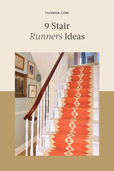 Stair runners can elevate a more subdued space (or even ground a louder one) while adding texture and softness underfoot. Here are nine ways to incorporate a vertical statement rug. #hunkerhome #stairrunner #stairway #stairrunnerideas #stairs Hallway Stairs Wallpaper, Aztec Stair Runner, Missoni Stair Runner, Persian Rug Stair Runner, Narrow Stair Runner, Bold Stair Runner, Kilim Stair Runner, Statement Stair Runner, Floral Stair Runner