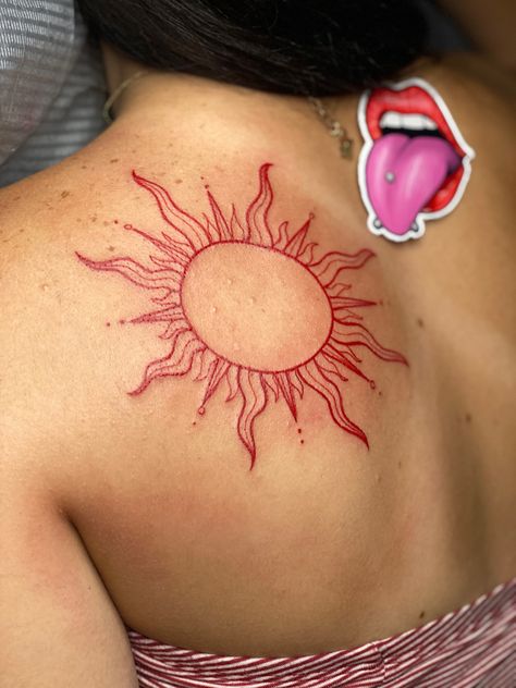 Red tattoo Fiery Sun Tattoo, Sun Tattoo Back Shoulder, Unalome Sun Tattoo, Red Sun Shoulder Tattoo, Red Sun Tattoo Black Women, Fire Sun Tattoo, Red Ink Sun Tattoo, Sun Shoulder Tattoos For Women, Red Shoulder Tattoo