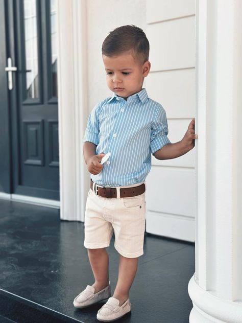 Baby boy summer wedding outfit blue shirt white trousers camel loafers brown belt Boys Summer Wedding Outfit, Toddler Boy Wedding Outfit, Kids Wedding Outfits Boys, Toddler Wedding Outfit Boy, Kids Wedding Outfits, Dress Shorts Outfit, Children Poses, Wedding Outfit For Boys, Boys Loafers