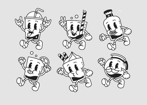 Basic Cartoon Character, Retro 30s Cartoon, 1920s Cartoons Character Design, Retro Cartoons Characters, 1940 Cartoon Style, Drink Character Design, How To Draw Retro Cartoons, 1930s Cartoons Characters, Vintage Cartoon Design