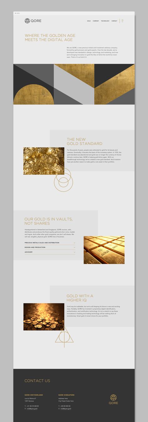 TRÜF designed the brand identity, stationery, website and all accompanying collateral for QORE, a Swiss-based investment advisory specializing in gold. Inspired by modernism and ever-changing geometry, the brand identity presents itself as guild-like, creative and invites the viewer to always discover new perspectives. Gold Website, Luxury Website, Collateral Design, Design Technology, Brand Color Palette, Business Cards Creative, Website Inspiration, Website Design Inspiration, Core Values