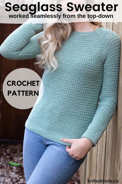 Crochet pattern for a size-inclusive sweater worked seamlessly from the top-down. Easy Top Down Crochet Sweater, Crochet Raglan Sweater Pattern Free, Crochet Top Down Sweater, Easy Crochet Sweater Pattern Free, Top Down Crochet Sweater, Pullover Sweaters Pattern, Ladies Tops Patterns, Crochet Sweater Free, Crochet Pullover