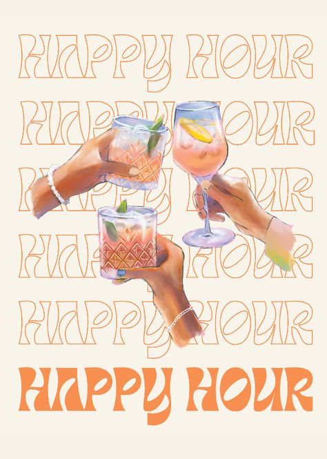 Happy Hour Poster Design, Happy Hour Poster, Drink Prints, Happy Hour Print, Fbi Headquarters, Trendy Drinks, Cart Decor, Bar Poster, Cocktail Book