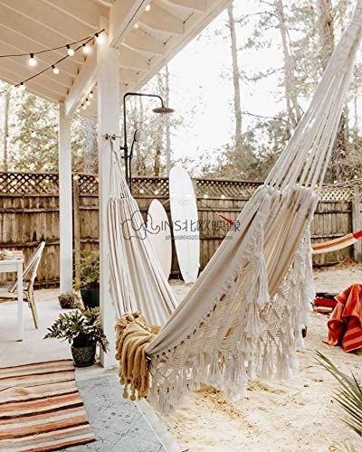 Hammock Porch, Hammock Chairs, Porch Hammock, Boho Hammock, Pergola With Hammock Chair, Indoor Hammock Ideas, Boho Hammock Outdoor, Boho Hammock Chair, White Hammock Chair