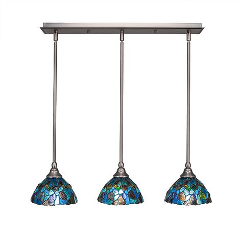 Toltec Lighting 25-BN-9955 Any Brushed Nickel 27-Inch Three-Light Pendant with Blue Mosaic Mini Tiffany | Bellacor Linear Pendant Light, Dark Granite, Kitchen Island Linear Pendant, Blue Mosaic, 3 Light Chandelier, Tiffany Glass, Light Kitchen, Island Pendants, Kitchen Island Pendants