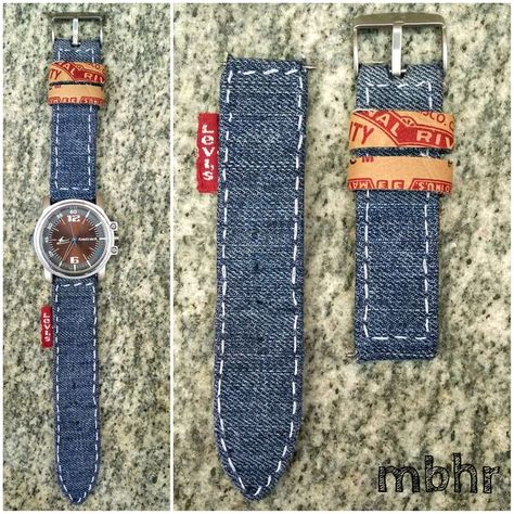 Instructible for Sew-It-Yourself fabric watch strap - here in Denim with jeans parts. This one is hand-sewn, but an edge-stitch foot on a sewing machine would make it even easier. I'm thinking batik cotton, or maybe raw silk! Upcycled Watches Diy Projects, Watch Diy Ideas, Diy Watch Band How To Make, Watch Bands Diy, Diy Watch Strap, Diy Watch Band, Free Jewelry Making Projects, Artisanats Denim, Jean Diy