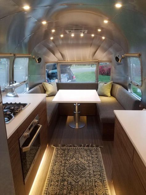 Airstream Exterior Ideas, Modern Airstream Interior, Air Stream Interior, Airstream Basecamp Decorating Ideas, Remodeled Airstream Interiors, Airstream Remodel Interior, Airstream Lighting, Air Stream Remodel Interiors, Vintage Airstream Interiors